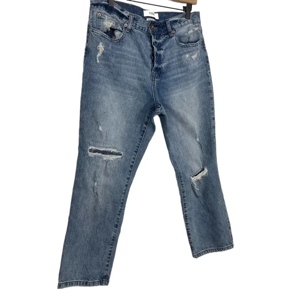 Pistola Distressed Patched High Rise Jeans Light Wash Size 30